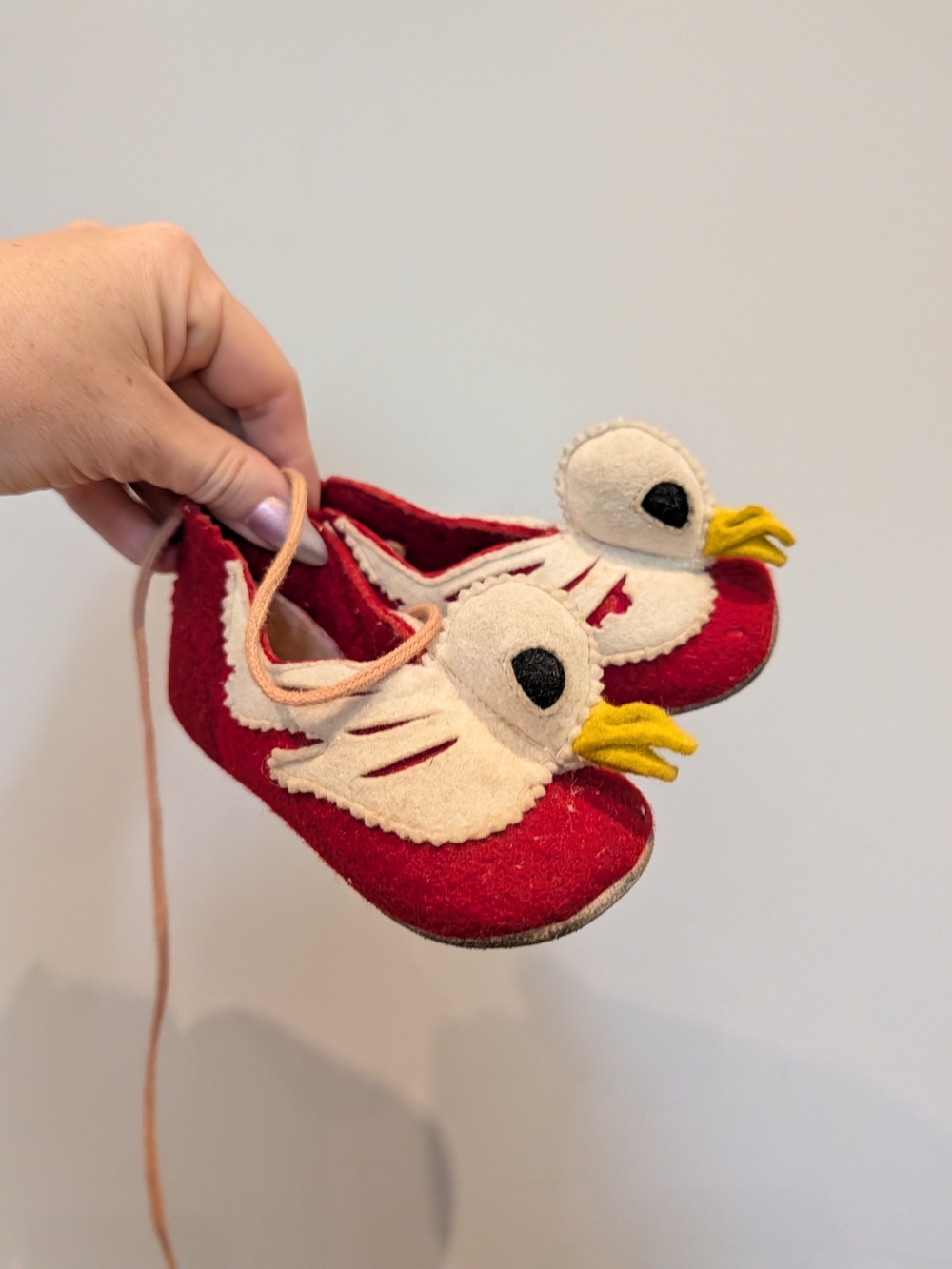 Antique Kids Red Felt Bird Shoes